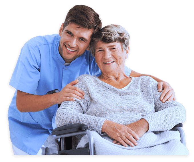 caregiver and senior woman on the wheelchair are smiling